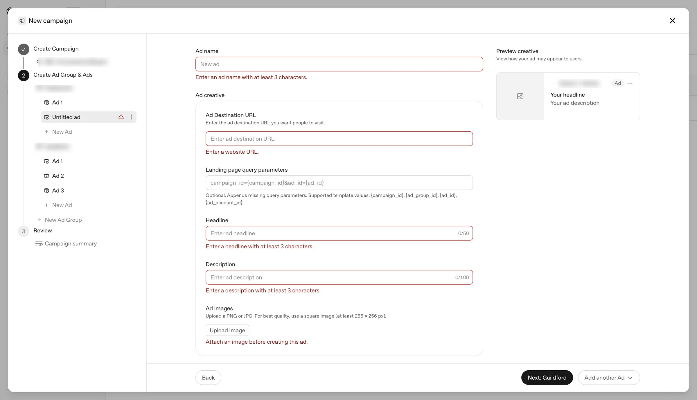 Реальный экран создания объявления в ранней версии ChatGPT Ads Manager