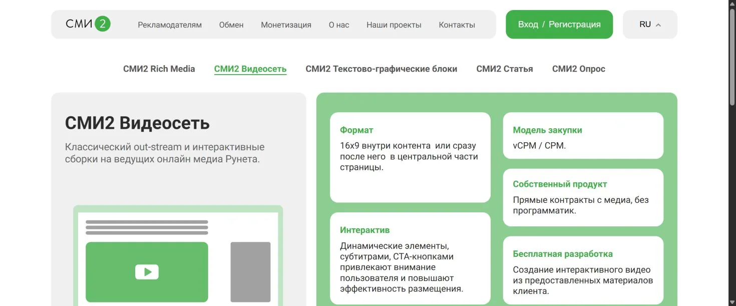 Раздел СМИ2 Видеосеть на официальной странице рекламодателям