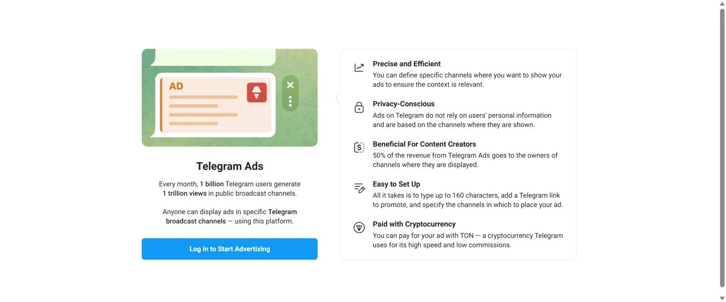 Главная страница Telegram Ads с условиями размещения и оплаты в TON