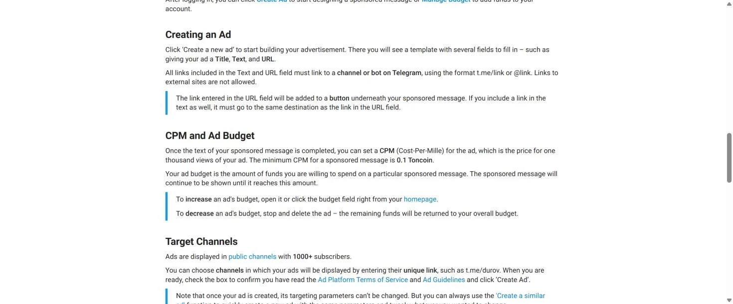 Официальная инструкция Telegram Ads: создание объявления, минимальный CPM и выбор каналов