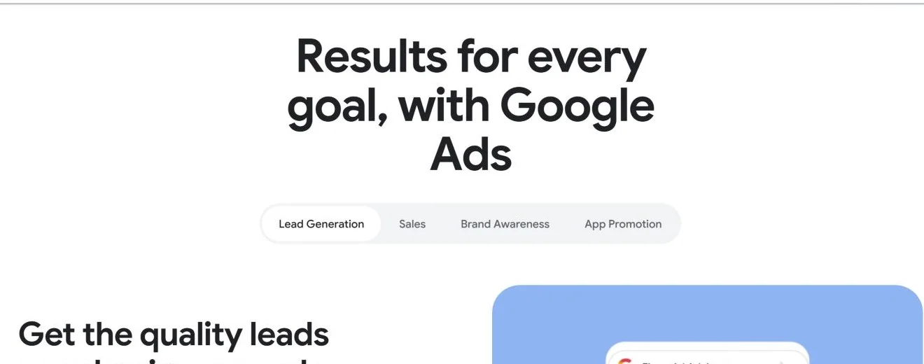 Официальная страница Google Ads с целями кампаний