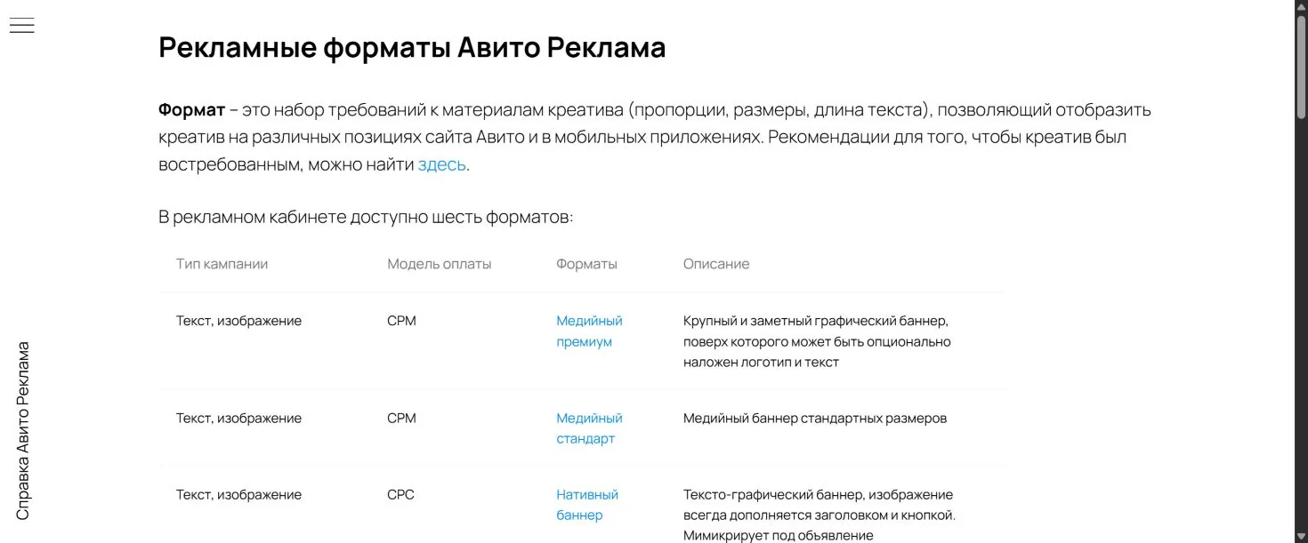 Официальная справка Авито Рекламы с таблицей форматов и моделей оплаты