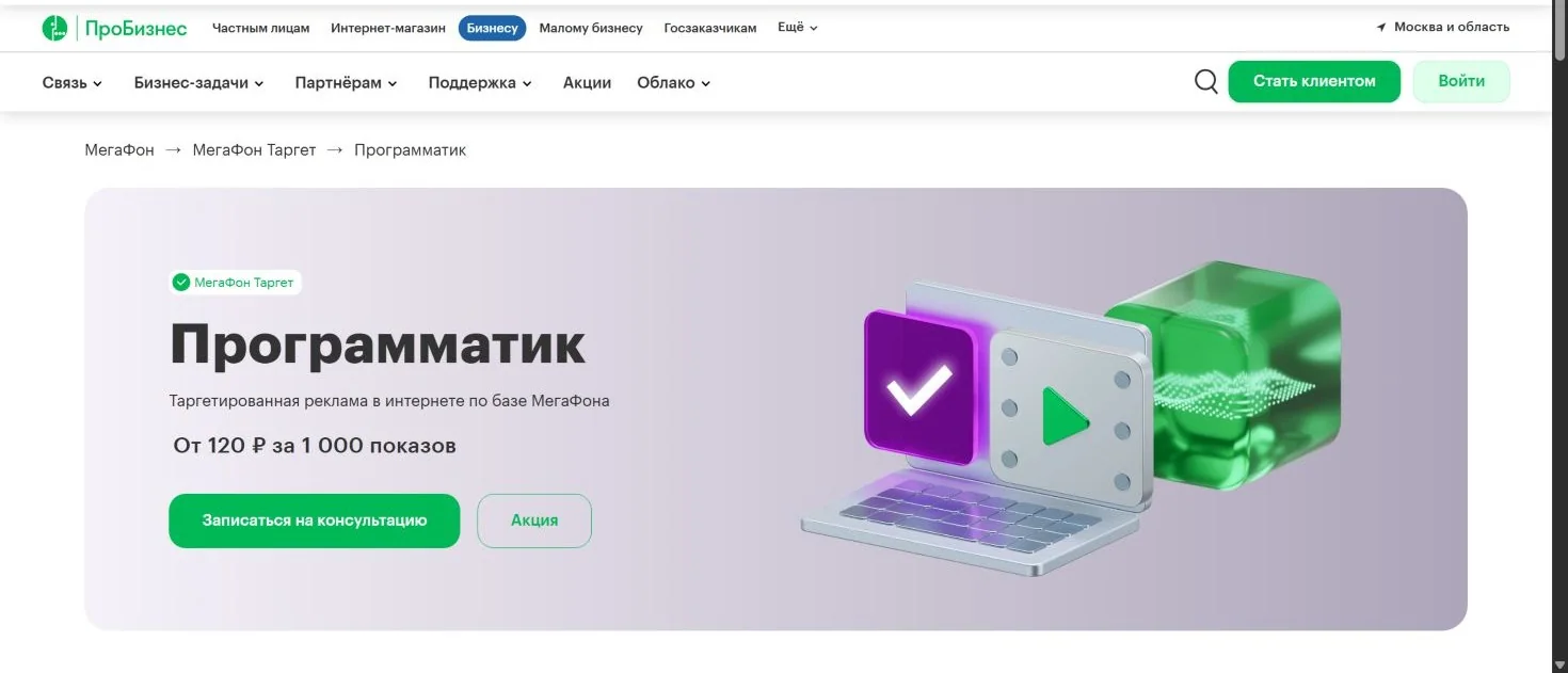 Страница условий программатик-рекламы МегаФон Таргет