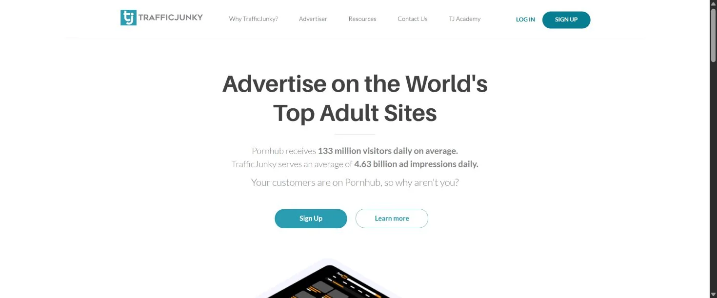 Публичная страница TrafficJunky с описанием рекламной платформы