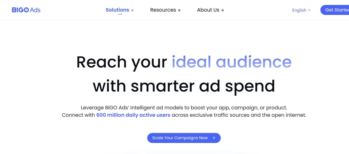 Страница Bigo Ads User Acquisition с целями оптимизации и рекламными форматами