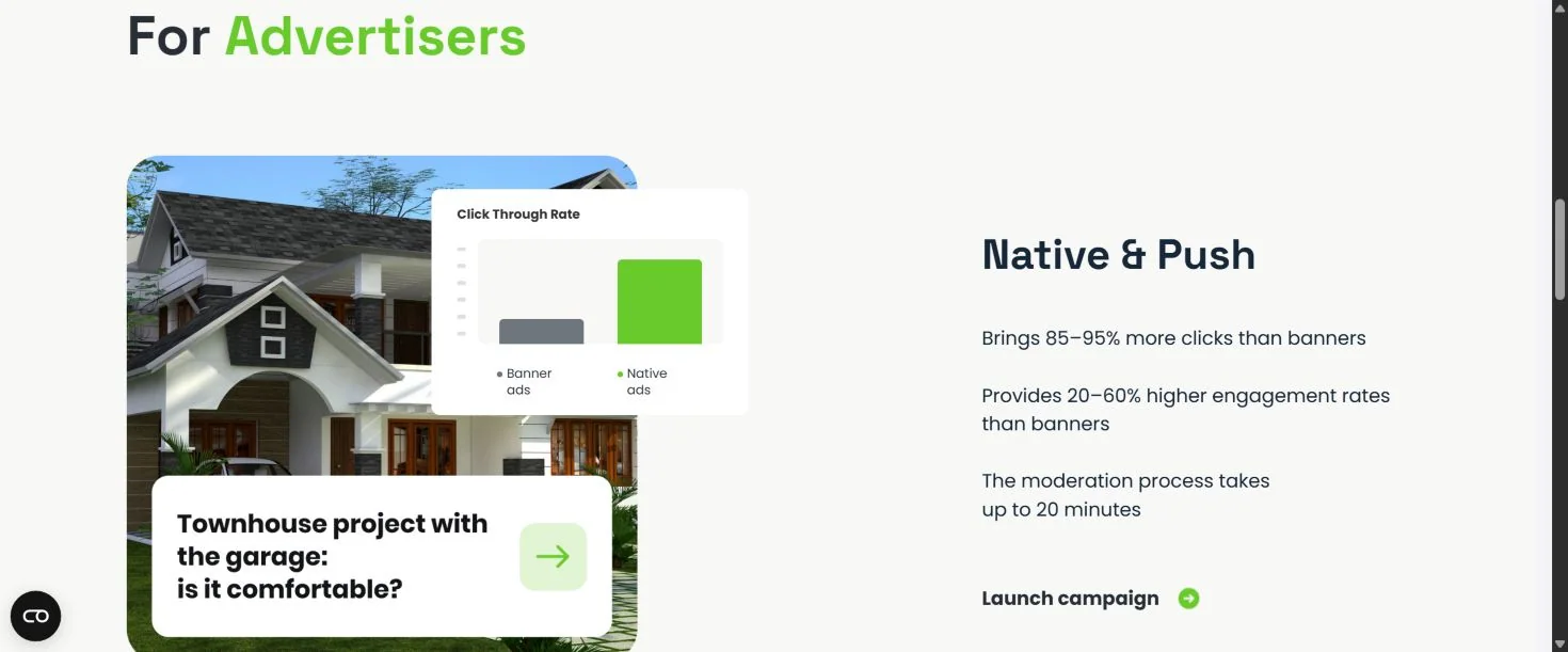Форматы Native и Push на главной странице Geozo