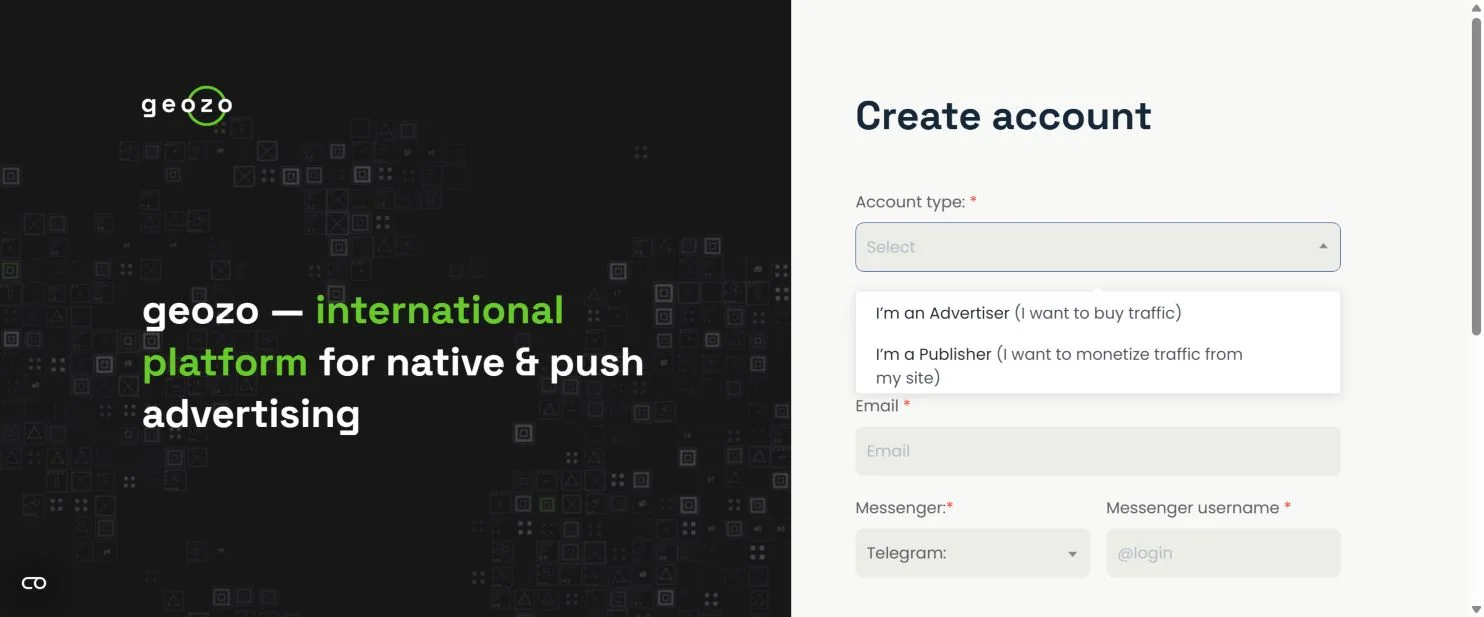 Форма регистрации Geozo с выбором Advertiser или Publisher