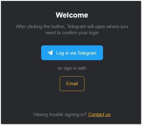 Экран ZM apps с входом через Telegram или email