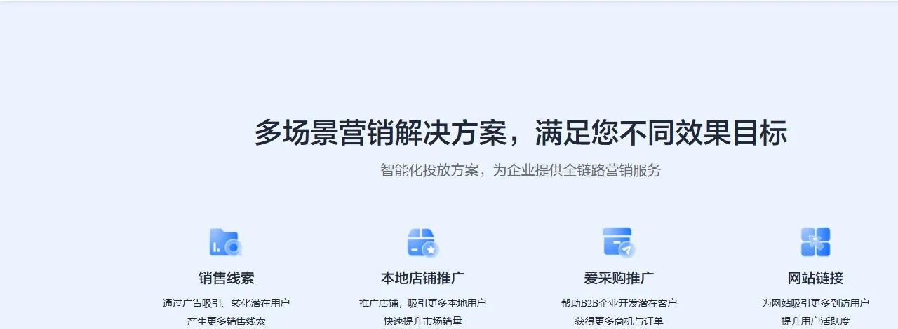 Официальная страница Baidu Marketing с направлениями маркетинговых задач