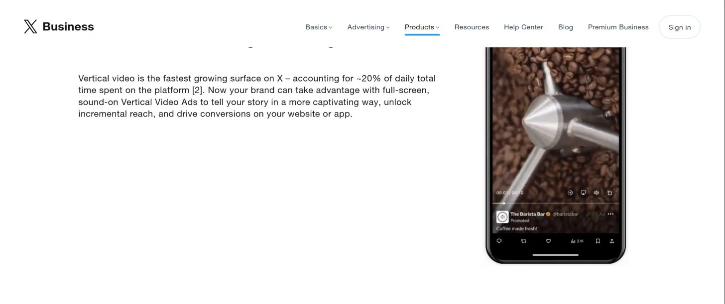Пример Vertical Video Ad на официальной странице X Ads
