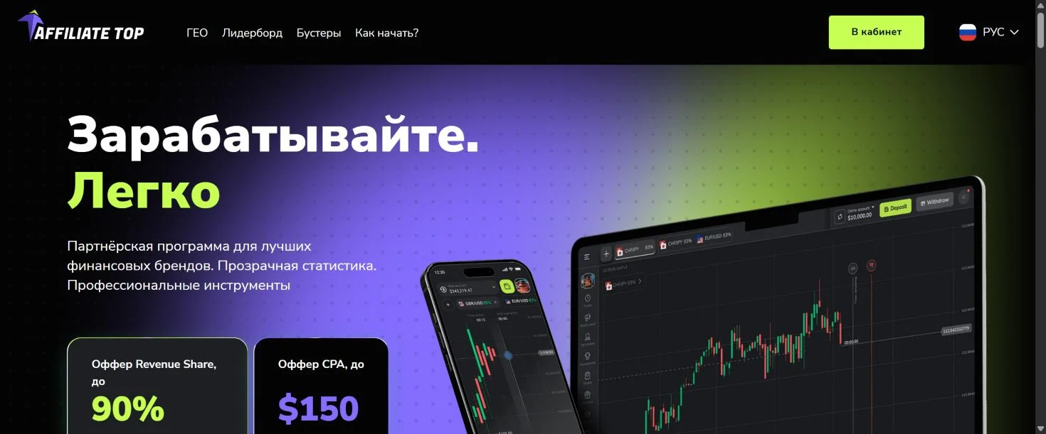 Главная страница Affiliate TOP с карточками финансовых брендов и кнопкой входа в кабинет