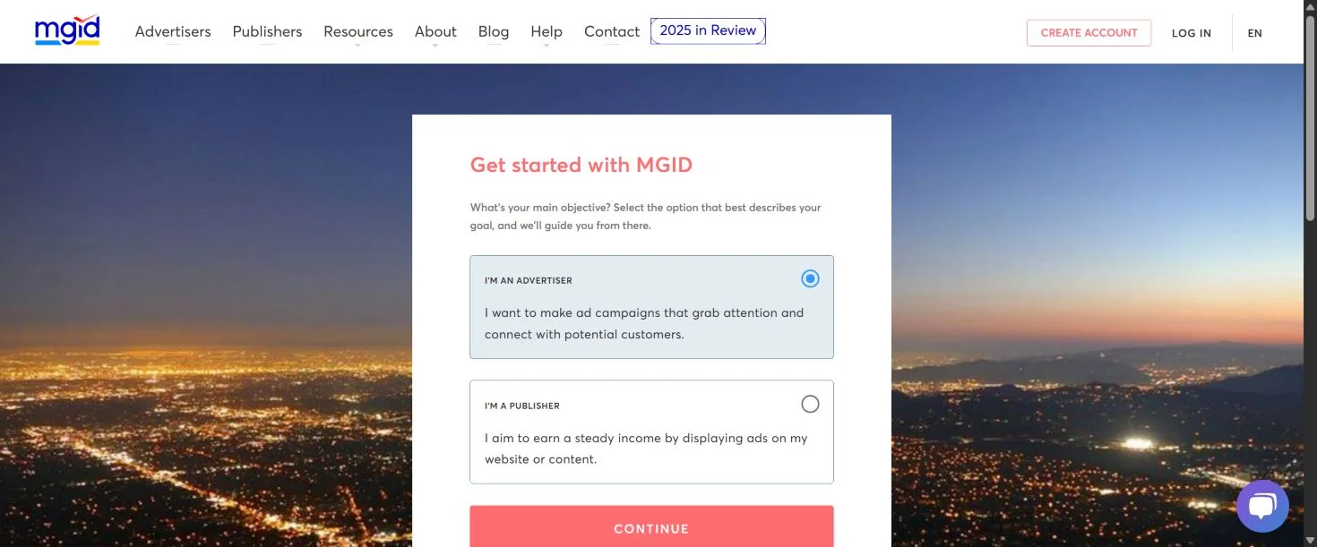 Выбор роли Advertiser или Publisher при регистрации MGID