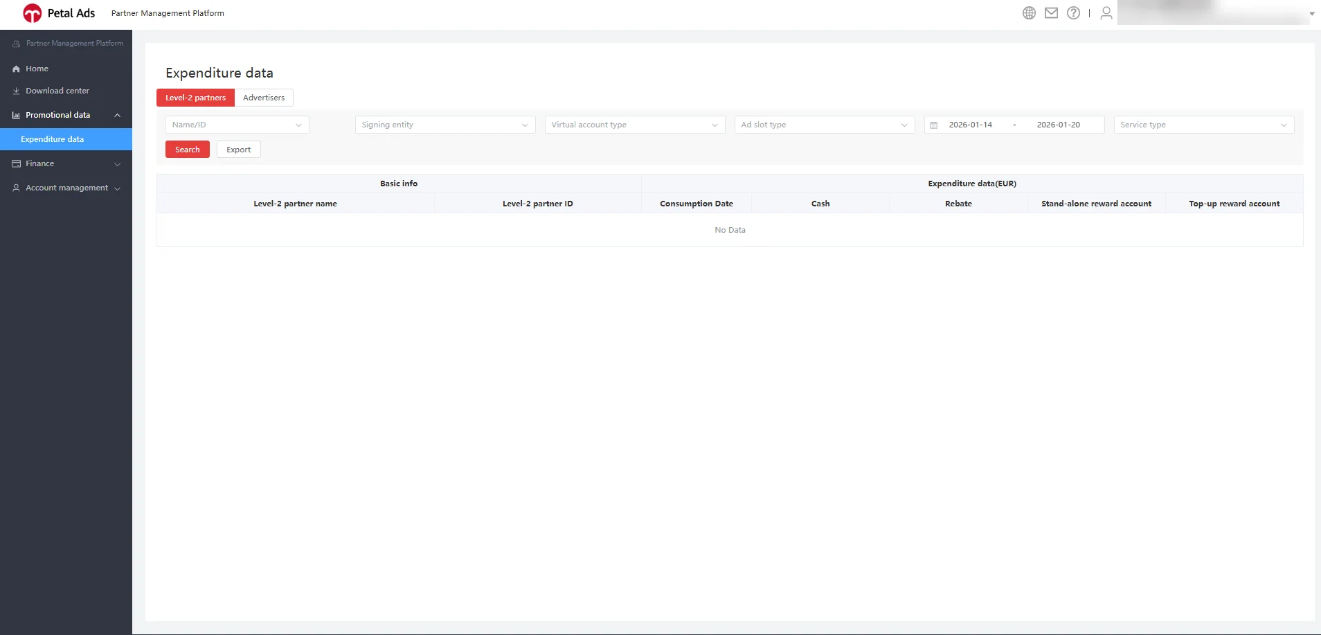 Таблица расходных данных в Petal Ads Partner Management Platform