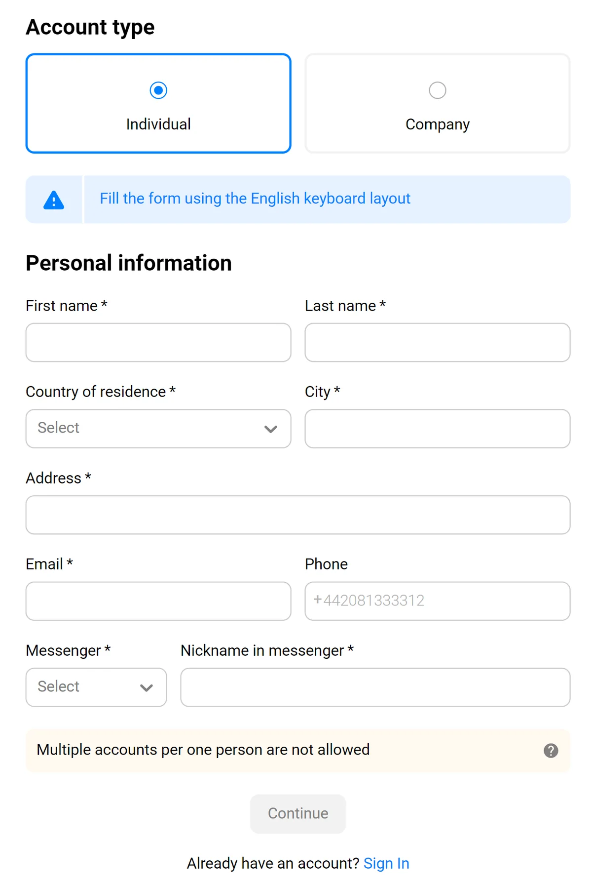 Форма регистрации PropellerAds с выбором Individual или Company и контактными полями