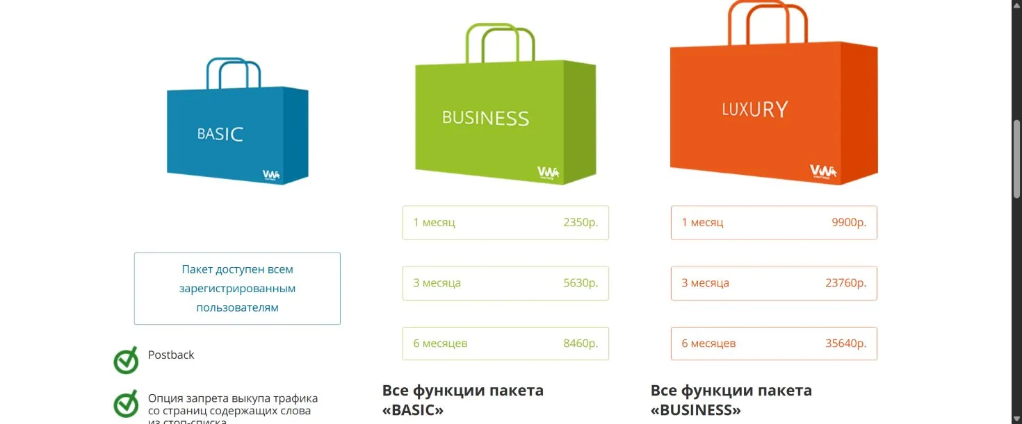 Таблица пакетов BASIC, BUSINESS и LUXURY на сайте VisitWeb