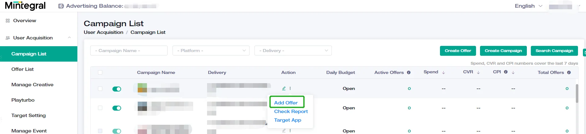 Интерфейс Mintegral Campaign List: меню User Acquisition и действия Create Offer, Create Campaign и Add Offer.