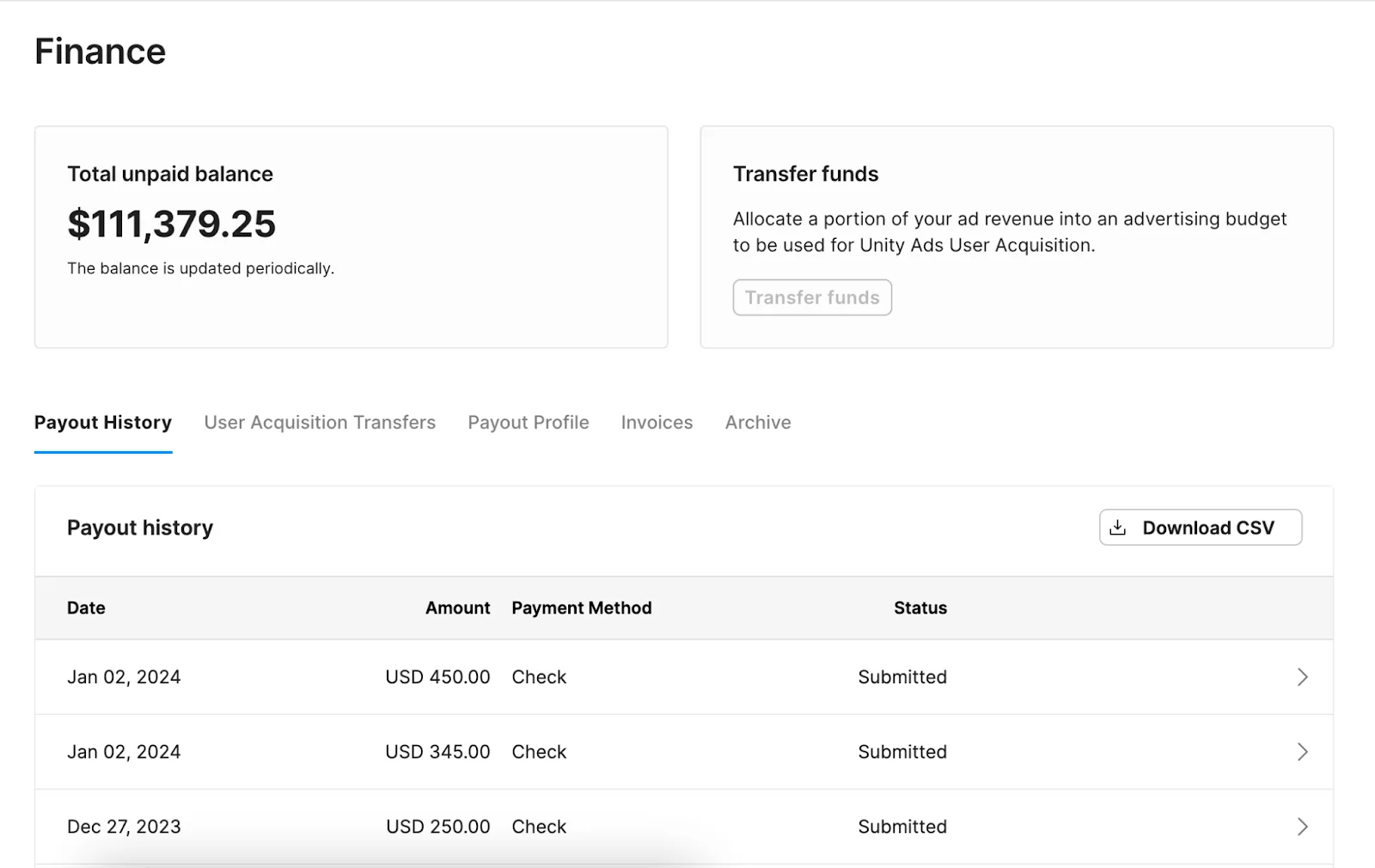 Вкладка Payout History в Finance разделе Unity Monetization Dashboard