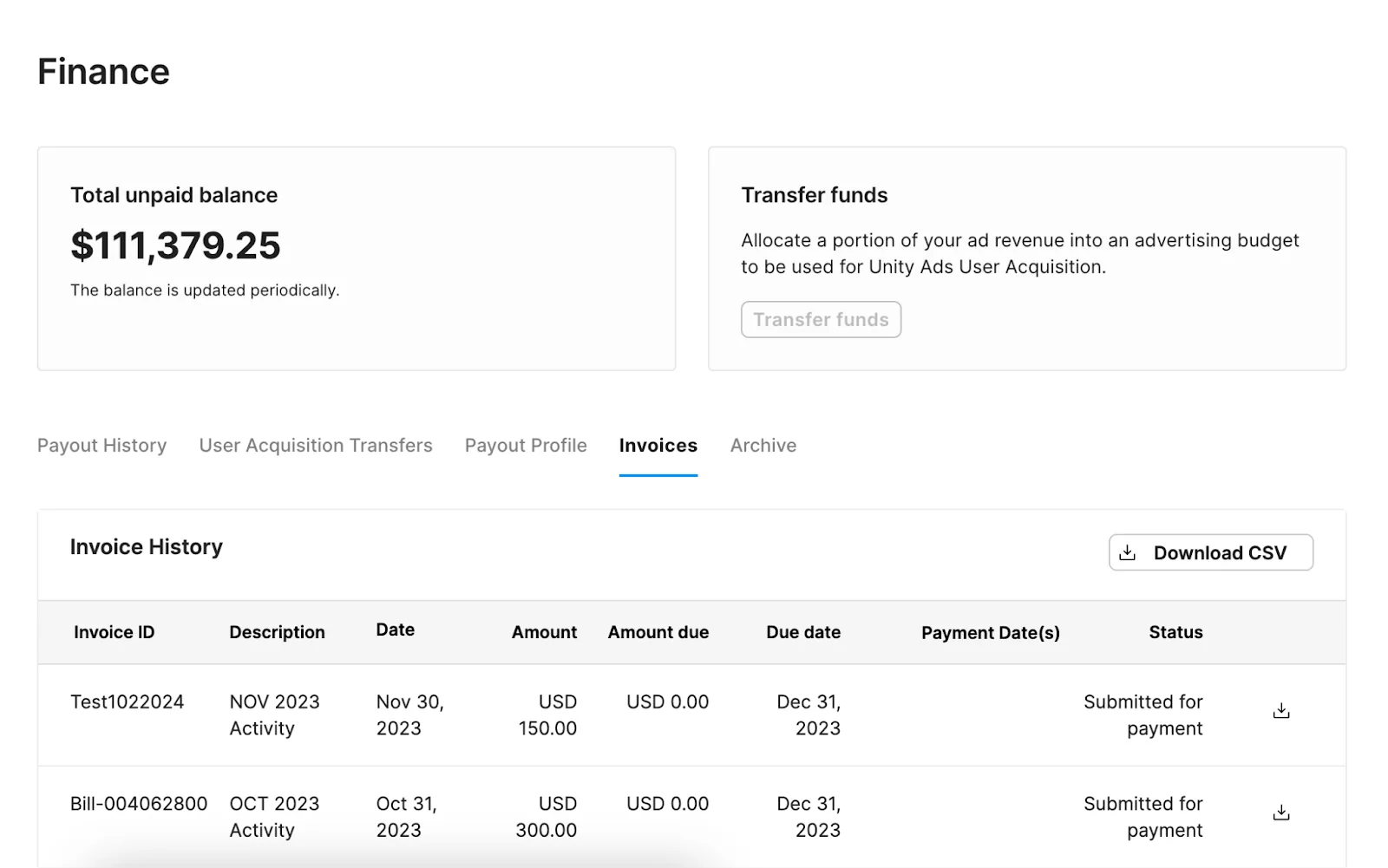 Вкладка Invoices в Finance разделе Unity Monetization Dashboard