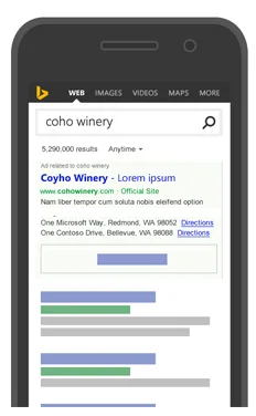 Пример мобильной поисковой выдачи с рекламой Microsoft Advertising из документации Microsoft Learn