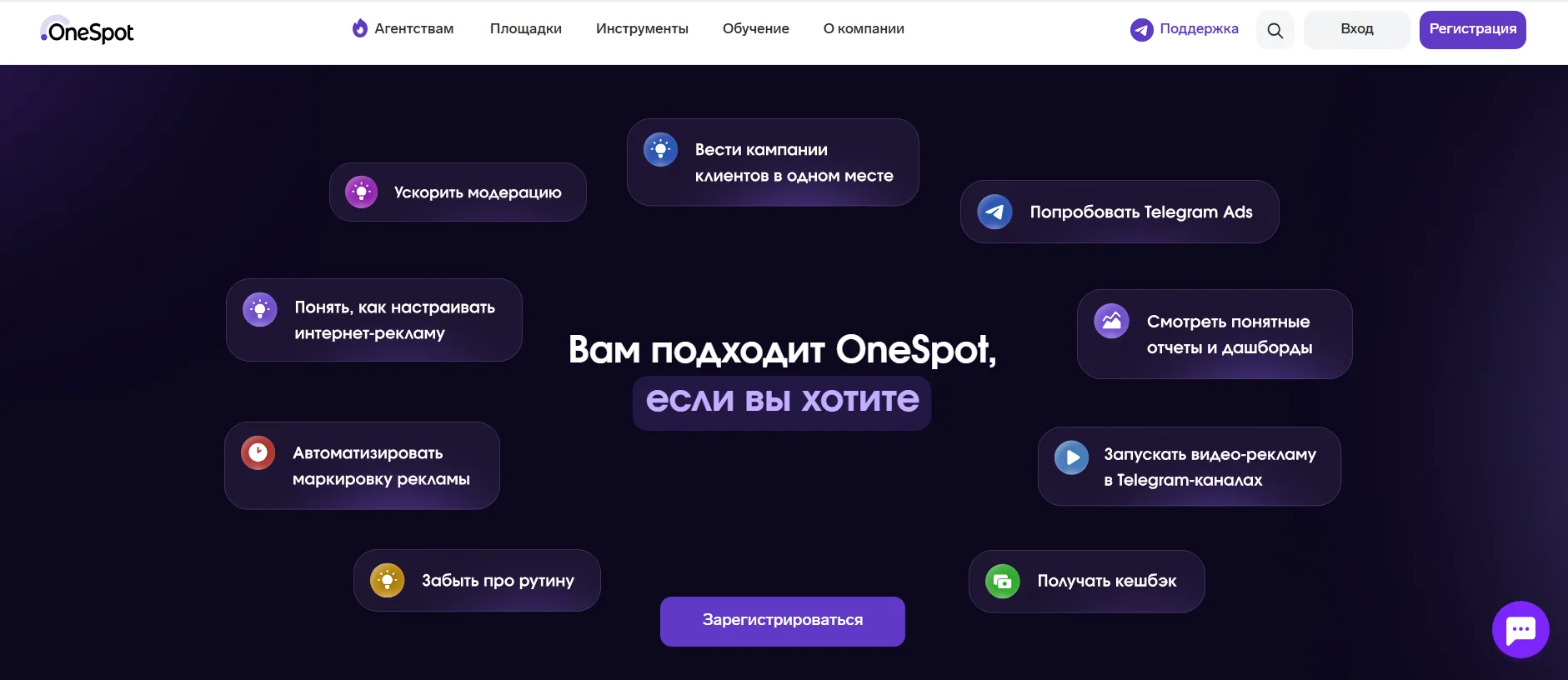 Главная страница OneSpot с перечнем задач сервиса