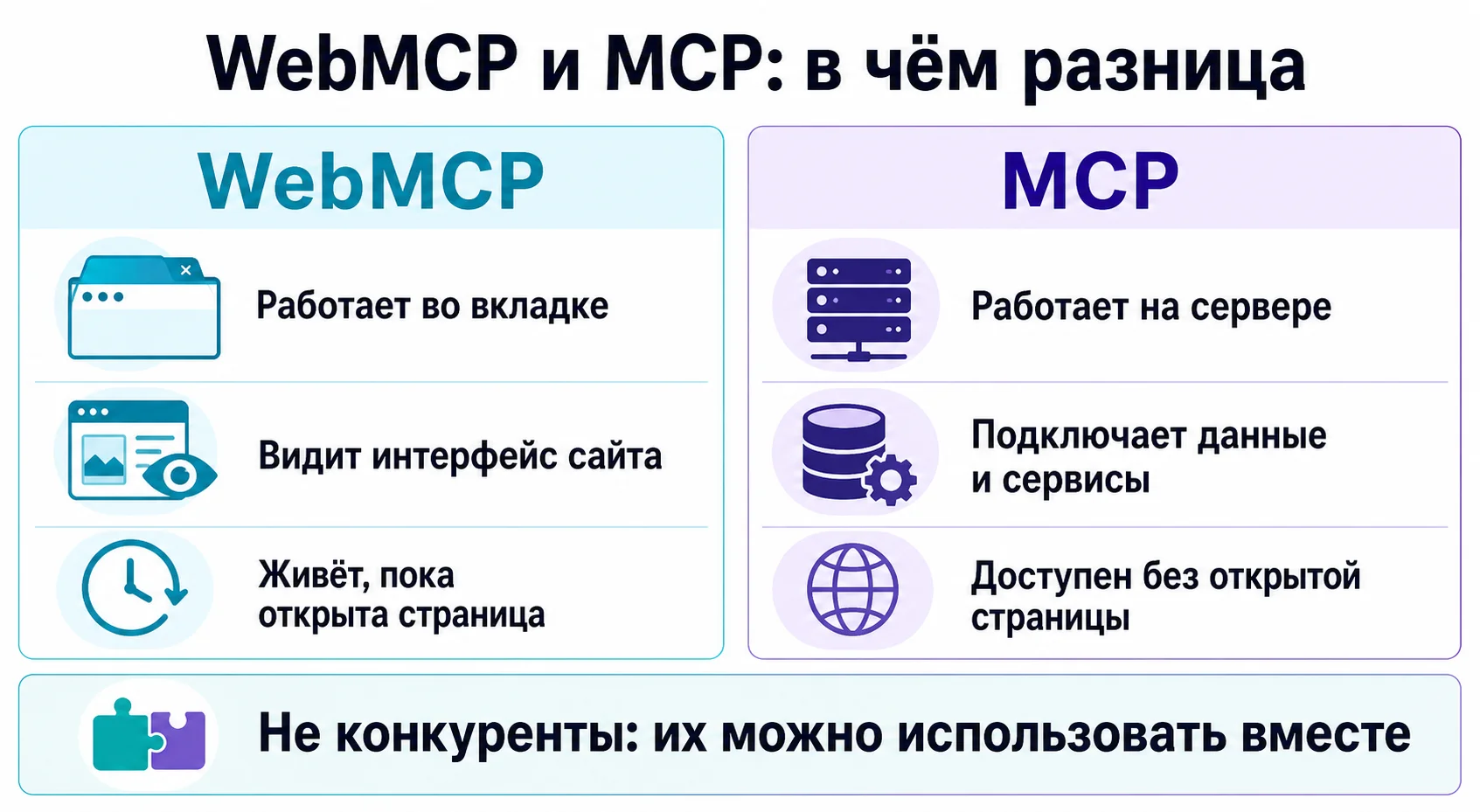 Сравнение WebMCP и MCP: браузерная вкладка и серверные инструменты