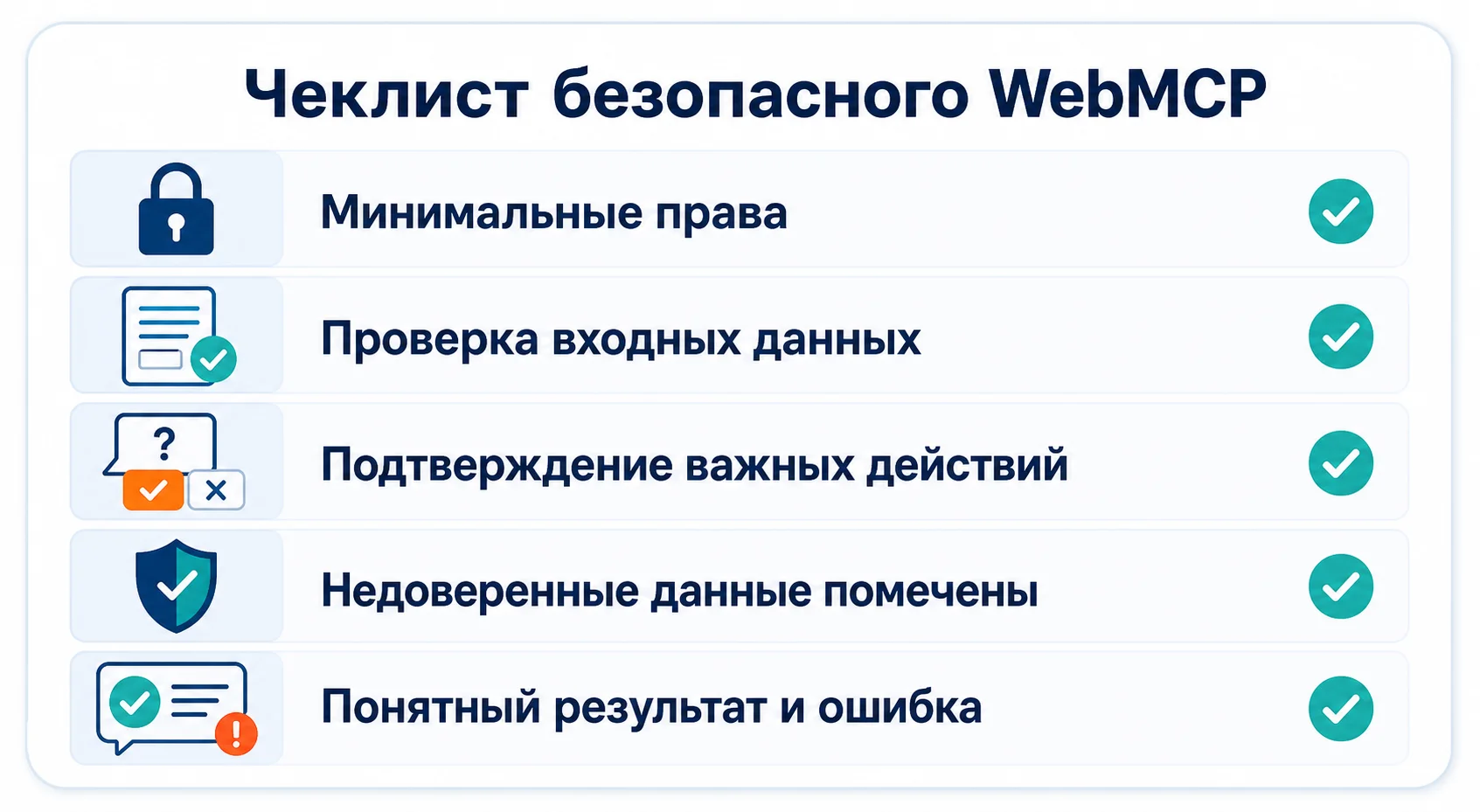 Чеклист безопасного WebMCP: права, валидация, подтверждение, недоверенные данные и понятные ошибки