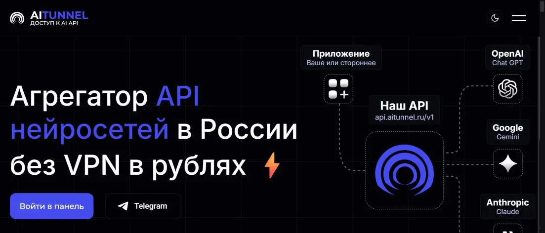 Официальная страница AITunnel с единым API к нейросетям