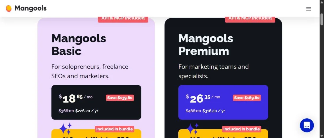 Карточки тарифов Mangools Basic за $18.85 в месяц и Premium за $26.35 в месяц при годовой оплате