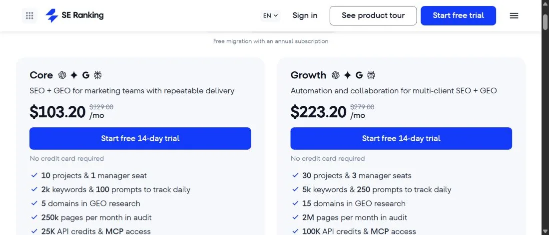 Карточки Core и Growth SE Ranking с 14-дневным trial без карты, лимитами и API-кредитами