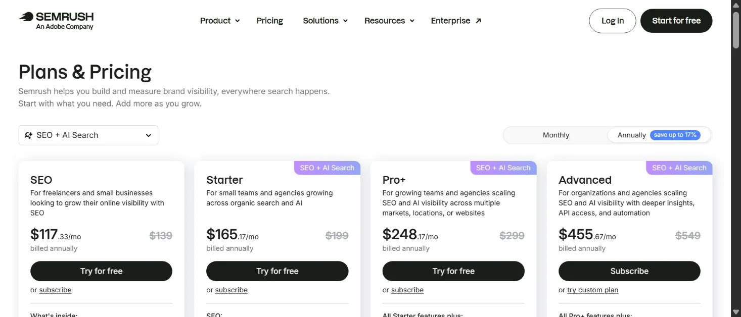 Карточки тарифов Semrush SEO, Starter, Pro+ и Advanced на странице Plans & Pricing