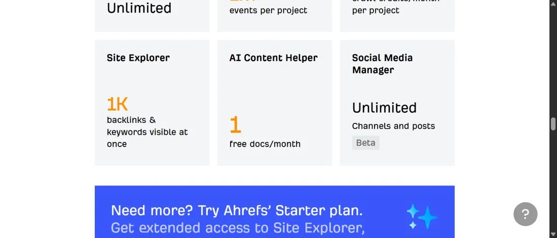 Блок Ahrefs Free limits: до 1 000 backlinks и keywords одновременно и 1 бесплатный документ в месяц