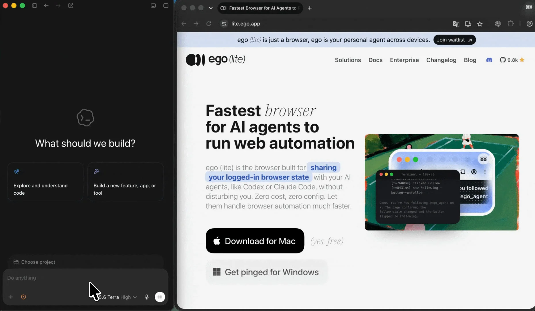 Интерфейс coding-агента слева и управляемое окно браузера Ego lite справа