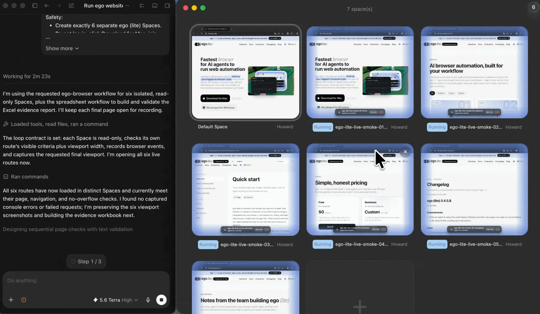 Интерфейс Codex слева и семь параллельных Spaces браузера Ego lite справа