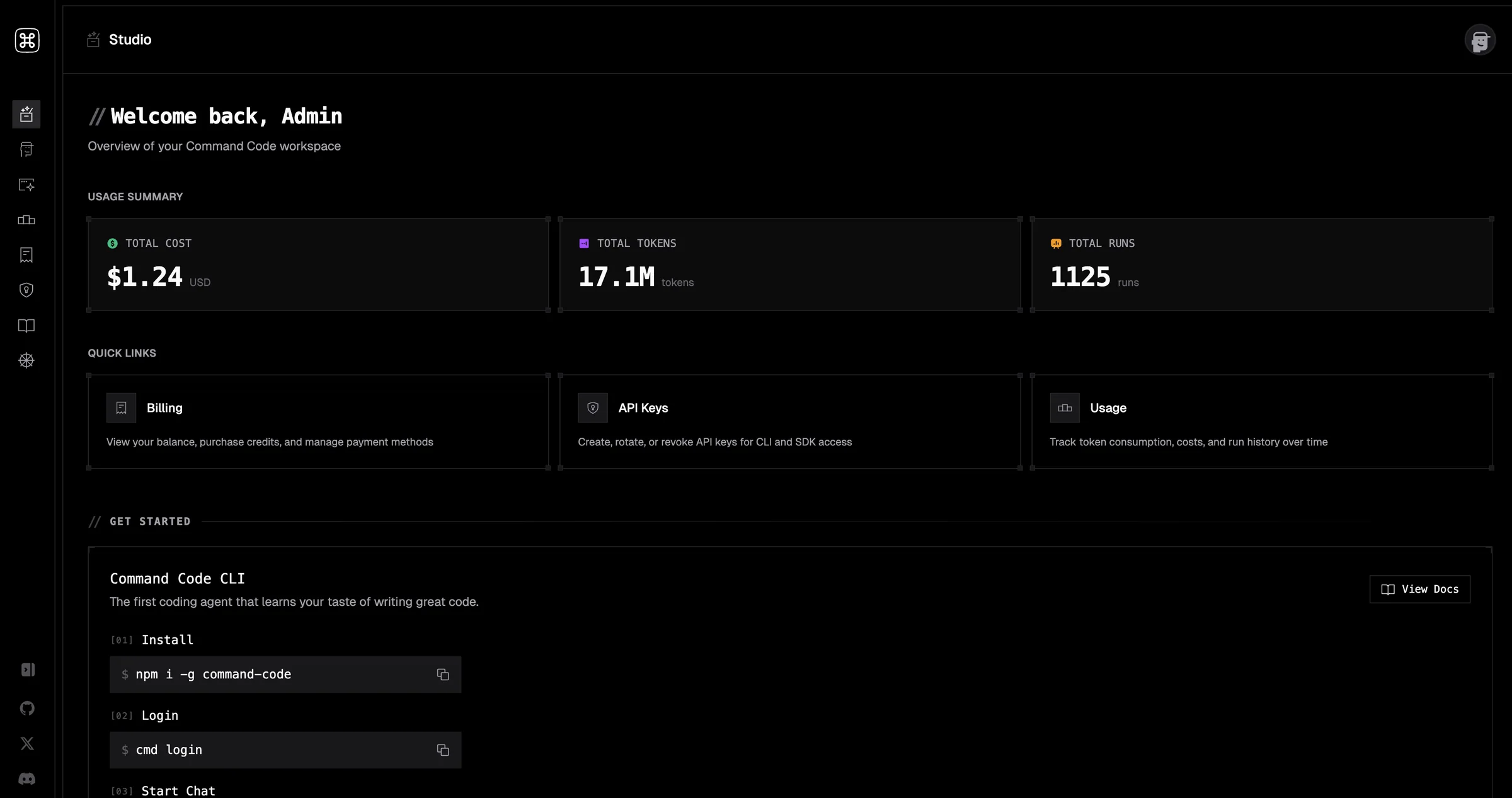 Studio Dashboard Command Code с блоками Total cost, Total tokens, Total runs, Billing, API Keys и Usage