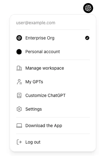 Меню ChatGPT с выбором Enterprise Org и Personal account