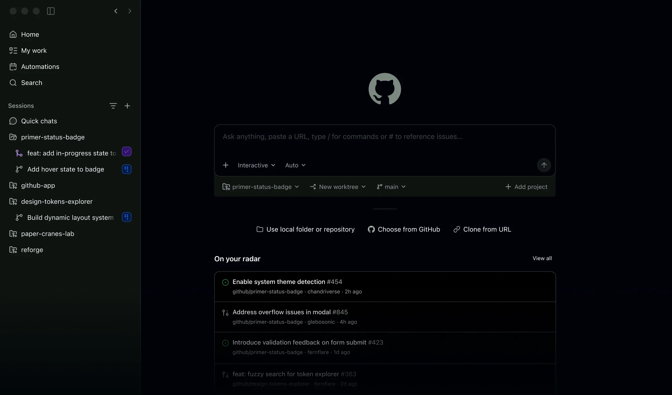 Полное окно GitHub Copilot App с сессиями, репозиторием и полем задачи