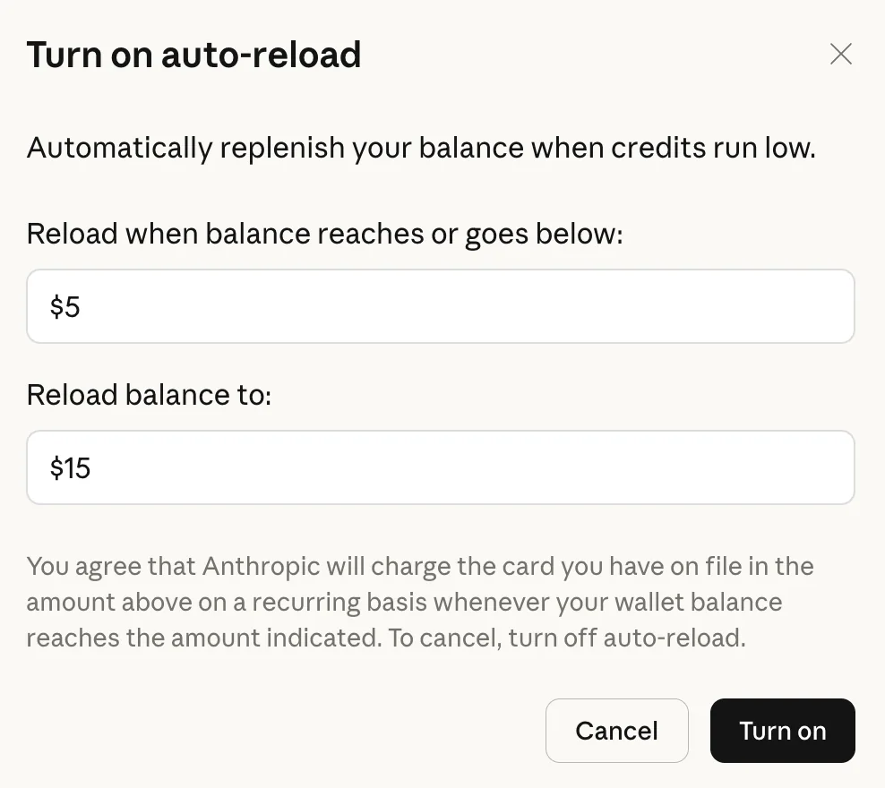 Полное окно настройки автоматического пополнения usage credits в Claude