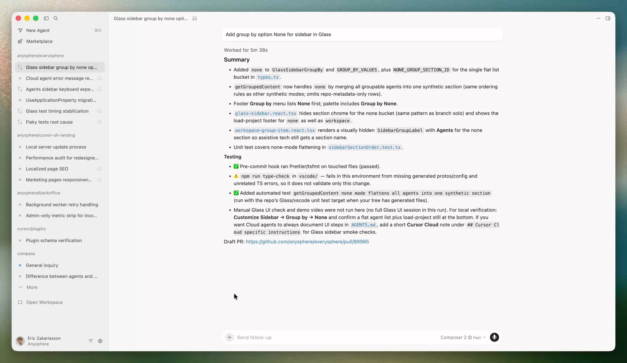 Полное окно Cursor Agents Window со списком параллельных задач и результатом агента