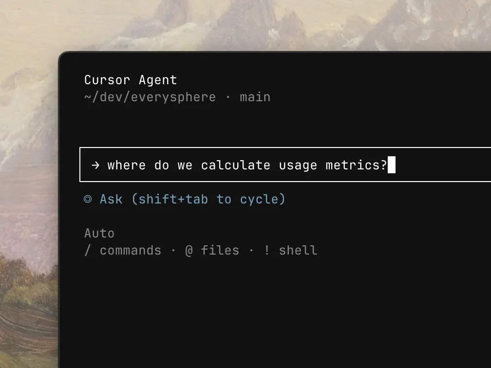 Полный экран режима Ask в Cursor CLI с prompt и нижней панелью команд
