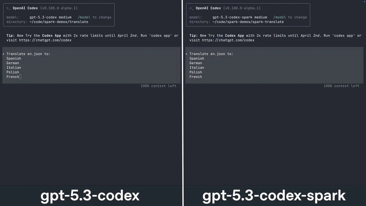 Сравнение GPT-5.3-Codex и GPT-5.3-Codex-Spark на одинаковой задаче в Codex CLI