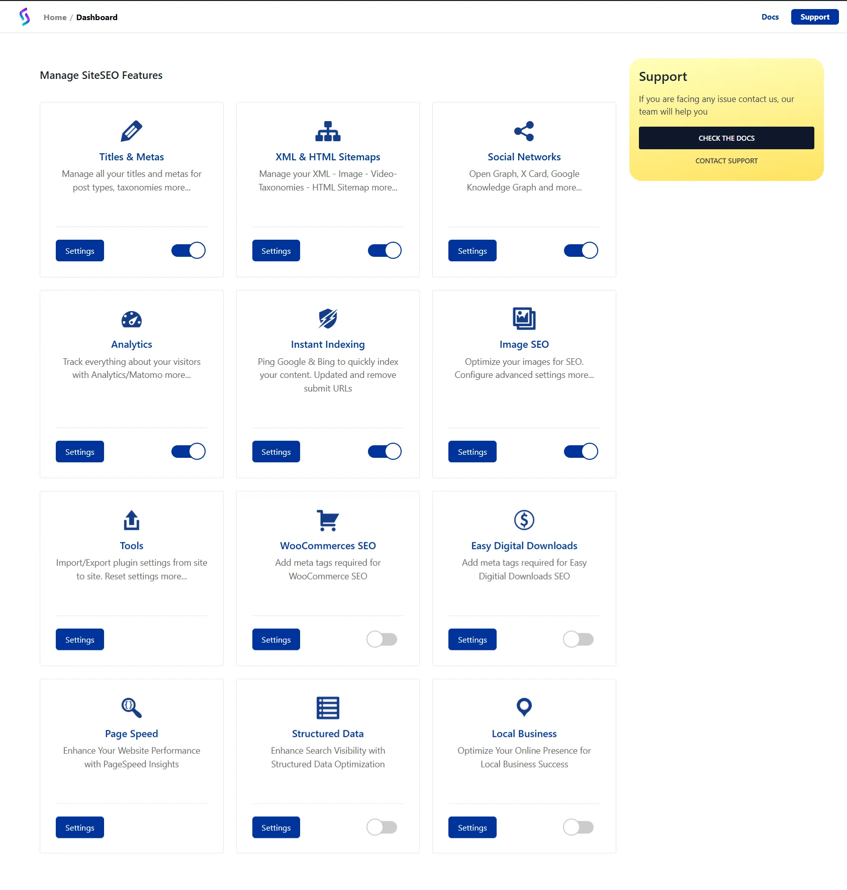 Панель модулей SEO-плагина SiteSEO