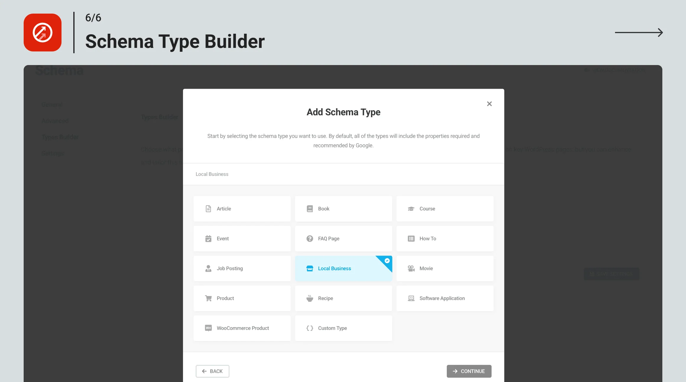 Выбор типа структурированных данных в SmartCrawl Schema Builder