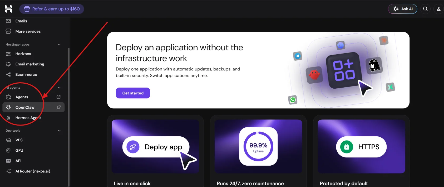 Раздел AI agents в hPanel Hostinger с OpenClaw и Hermes Agent