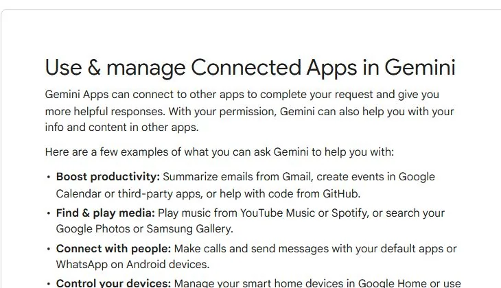 Официальная справка Google о Connected Apps в Gemini