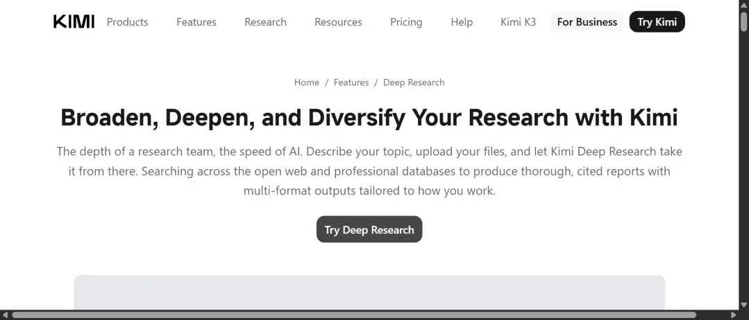 Официальная страница Kimi Deep Research