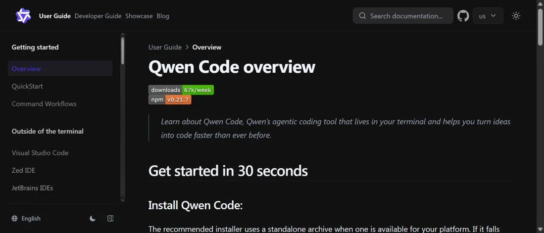 Страница Qwen Code Overview с разделом быстрого старта