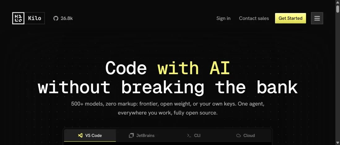 Поверхности Kilo Code для VS Code, JetBrains, CLI и облачной работы