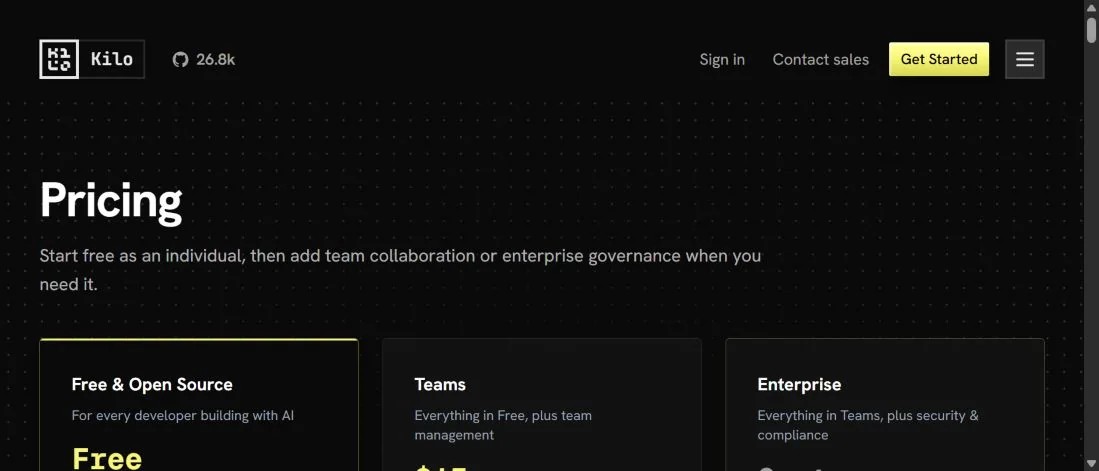 Страница тарифов Kilo Code с планами Free & Open Source, Teams и Enterprise