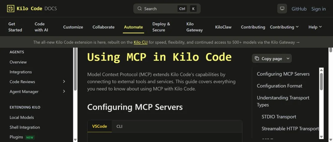 Страница документации Kilo Code о настройке MCP-серверов