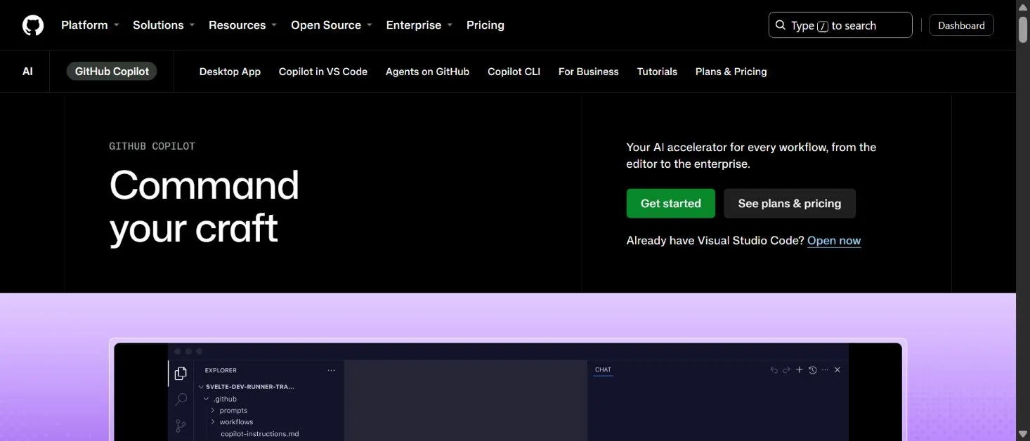 Англоязычная публичная страница GitHub Copilot с обзором возможностей
